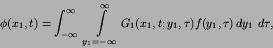 \begin{displaymath}
\phi(x_{1},t) = \int^{\infty}_{-\infty}\kern 4pt
\int\limi...
...}(x_{1},t; y_{1},\tau)
f(y_{1},\tau)\,dy_{1}\kern 4pt d\tau,
\end{displaymath}