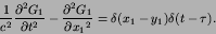 \begin{displaymath}
{1\over c^{2}}{{\partial^2 G_{1}}\over{\partial {t}^2}}-{{\...
...er{\partial {x_{1}}^2}} =
\delta(x_{1}-y_{1})\delta(t-\tau).
\end{displaymath}