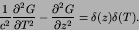 \begin{displaymath}
{1\over c^{2}}{{\partial^2 G}\over{\partial {T}^2}}-{{\partial^2 G}\over{\partial {z}^2}} = \delta(z)\delta(T).
\end{displaymath}