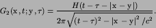 \begin{displaymath}
G_{2}({\hbox{\boldmath $x$}},t; {\hbox{\boldmath $y$}},\tau...
...oldmath $x$}}-{\hbox{\boldmath $y$}}\right\vert^{2}/c^{2}}
}.
\end{displaymath}