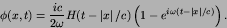 \begin{displaymath}
\phi(x,t) = {ic\over 2\omega}H(t-\left\vert x\right\vert/c) \left(
1-e^{i\omega(t-\left\vert x\right\vert/c)}\right).
\end{displaymath}