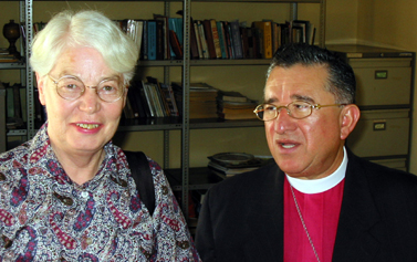 Pat and Bishop in Library