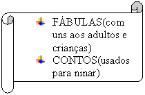Pergaminho horizontal:  	F�BULAS(comuns aos adultos e crian�as)
 	CONTOS(usados para ninar)
