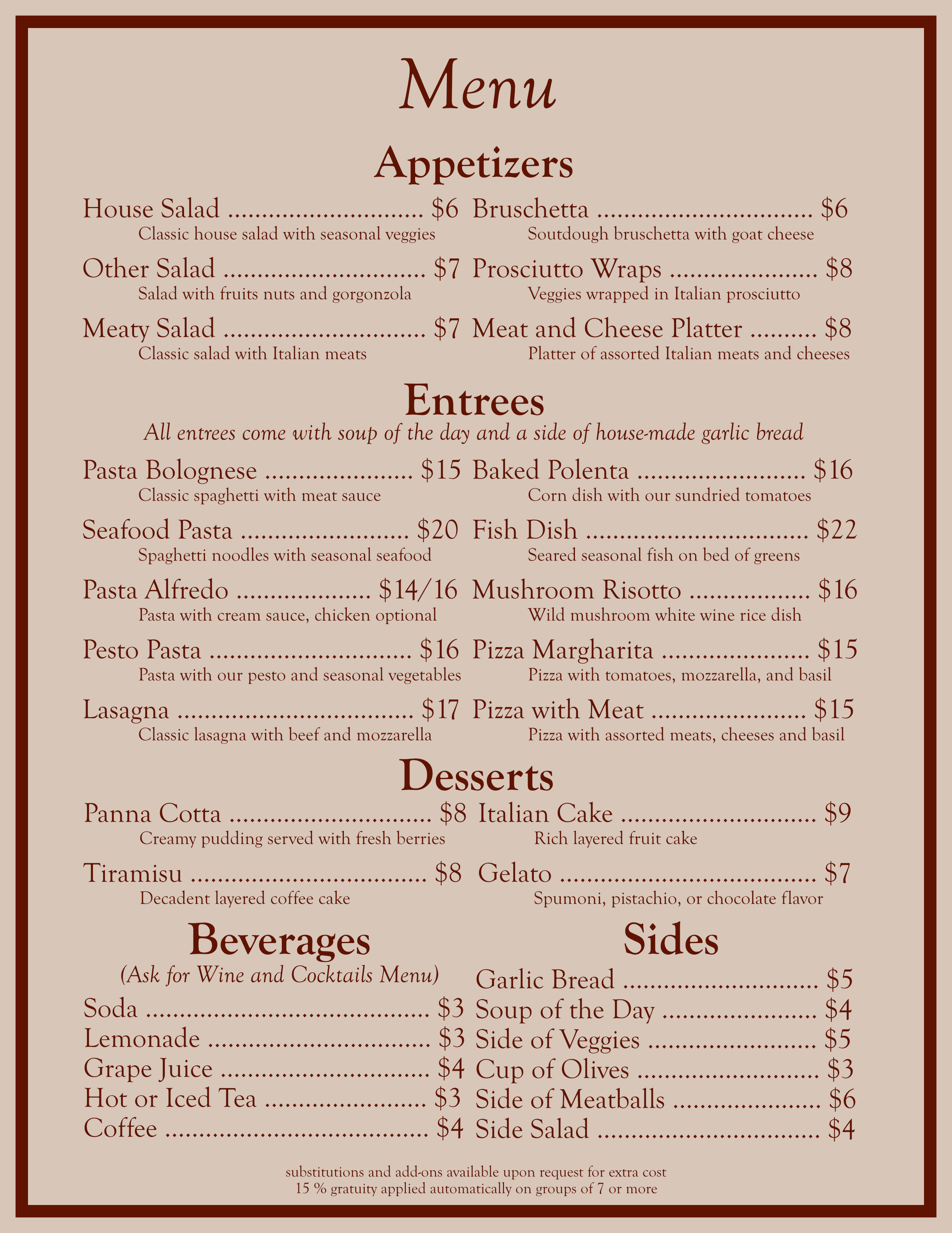 Menu for Pasta Amore