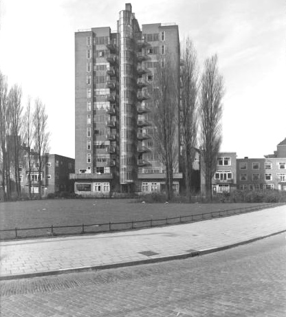 [view of the landmark highrise in Anne Frank's former neighborhood]