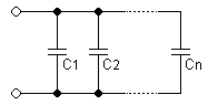 um diagrama com vários capacitores, lado a lado, cada qual com a ponta correspondente conectada aos mesmos fios