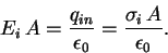 \begin{displaymath} E_i\, A = \frac{q_{in}}{\epsilon_0} = \frac{\sigma_i\, A}{\epsilon_0}. \end{displaymath}