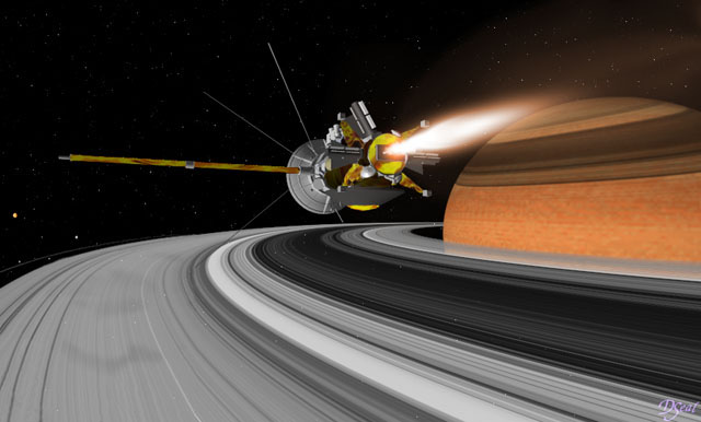A nave Cassini numa imaginada aproxima��o de Saturno (anima��o de computador). Gentilileza: NASA