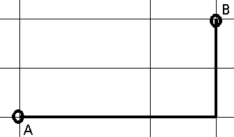 Two points joined by a line that runs along two edges of a triangle, 
		rather than via the shorter distance along the hypotenuse