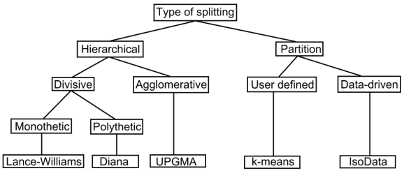 Algorithms are split into Partition (Right) and Hierarachical (Left). The right
		  side is next split by partition type: user defined (e.g. k-means) or data-
		  driven (e.g. IsoData). The left side is split into agglomerative 
		  (e.g. UPGMA) or Divisive. The divisive algorithms are either polthetic (e.g. 
			DIANA) or monothetic (e.g. Lance-Williams).