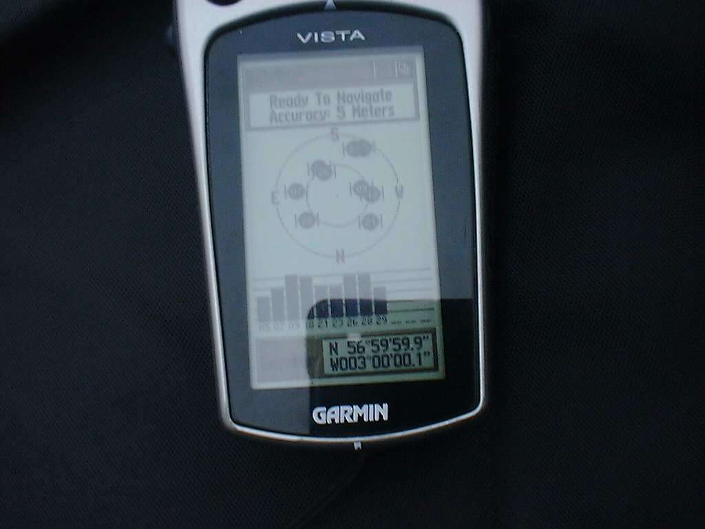 [A GPS receiver showing 3�W 57�N.]