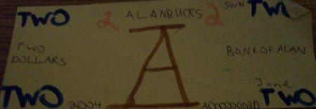 Alanbucks 2 dollar bill- Blue and Brown Marker/ Black Pen Serial Number