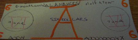 Alanbucks 6 dollar bill- Orange Marker/ Black Pen Serial Number