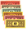 all 6 denomiations of Monopoly money, denominations are $1,$5,$10,$20,$100,$500