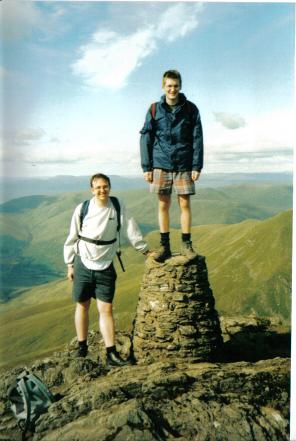 Myself and a friend posing at the summit of Ben Lawers, shorts and all.