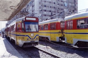 Two #26 Line trains pass at Sporting in April, 2001.