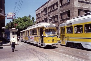 Two trams pass on Sidi al-Dardaa Street