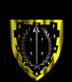 Pean, a sword inverted hilted of a triskele, within a laurel wreath argent, a bordure embattled Or