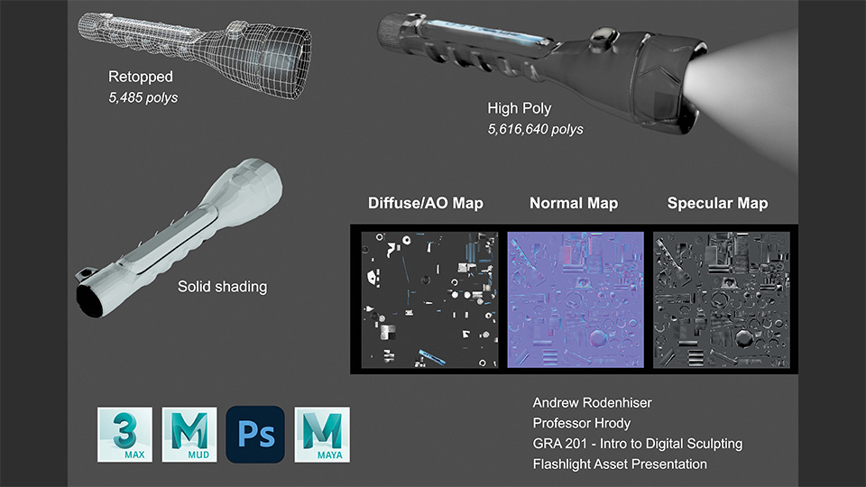 Game prop presentation of a flashlight model and its topology at various subdivisions