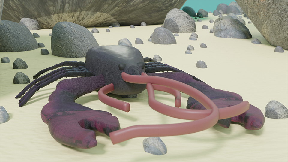 Purple lobster on ocean floor