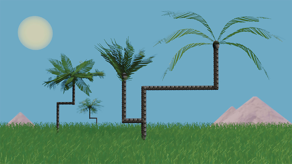 Palm trees with geometric twisted trunks