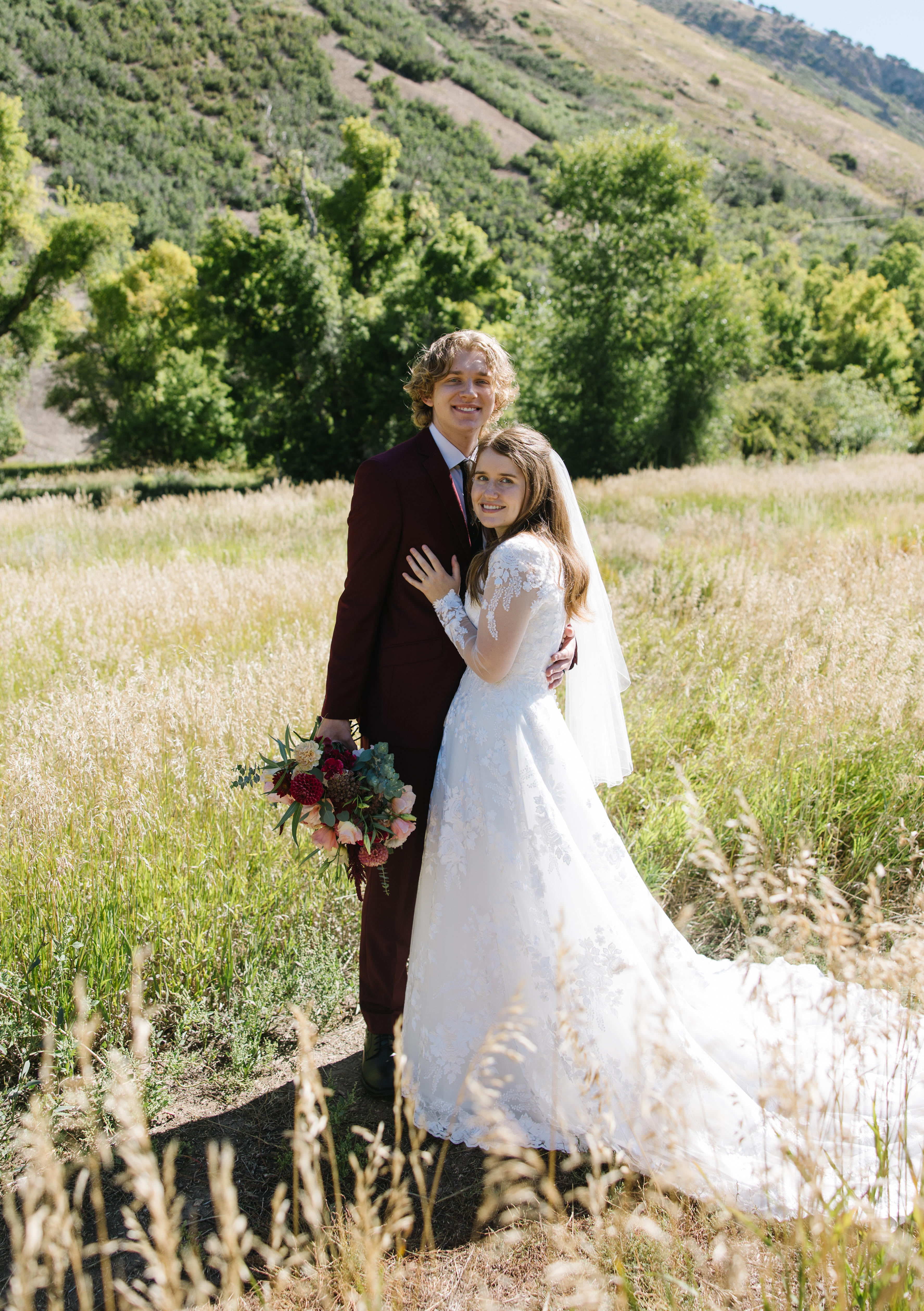 A bridal photo of us in a field