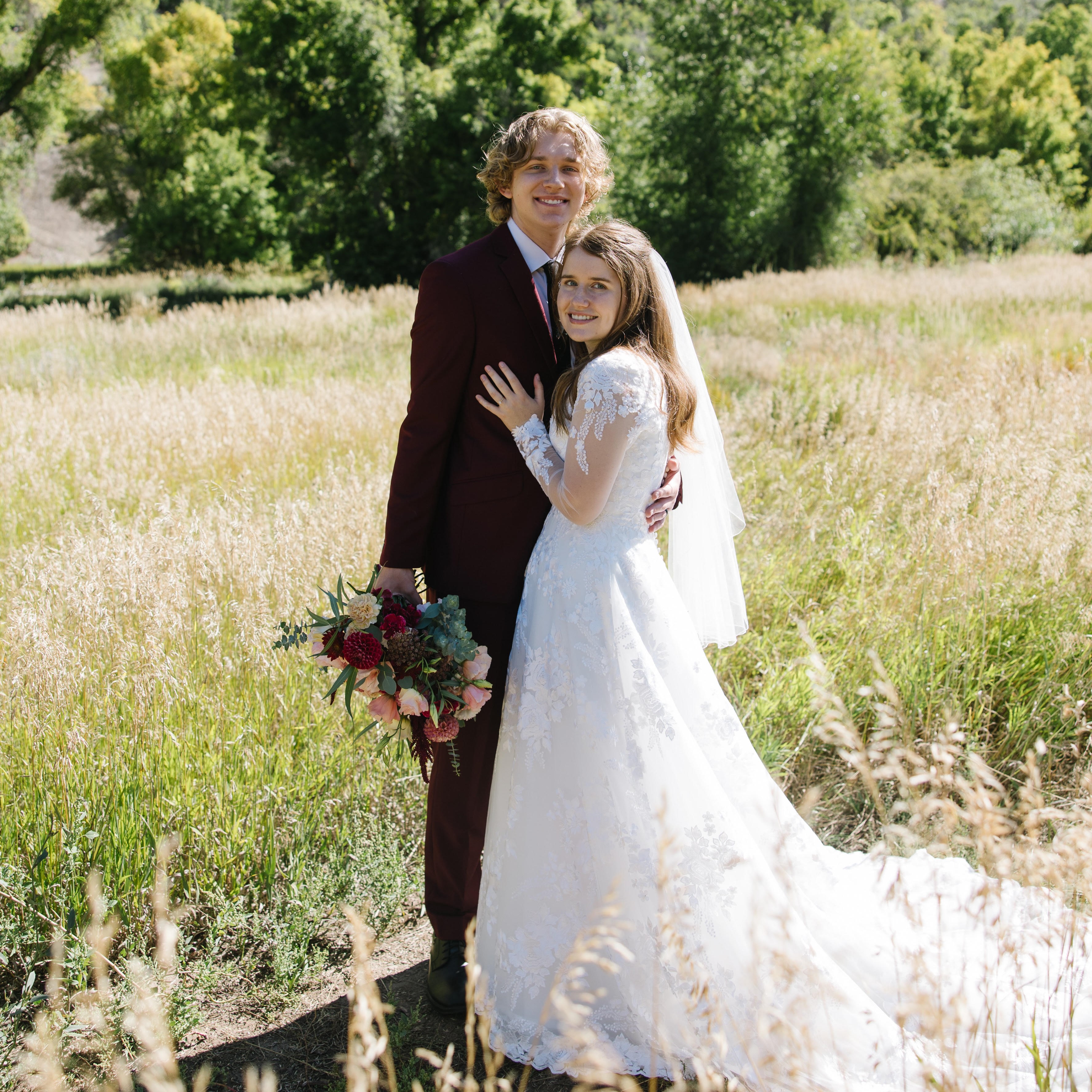 A bridal photo of us in a field
