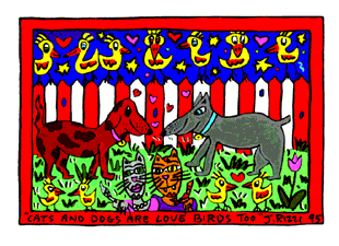 Painting titled Cats and Dogs are Love Birds, Too by J. Rizzi copyright 1995
