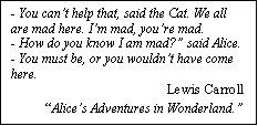Text Box: - You can�t help that, said the Cat. We all are mad here. I�m mad, you�re mad.
- How do you know I am mad?� said Alice. 
- You must be, or you wouldn�t have come here.
Lewis Carroll
�Alice�s Adventures in Wonderland.� 
