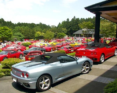 Photo of many Ferrari cars paked at a Ranch