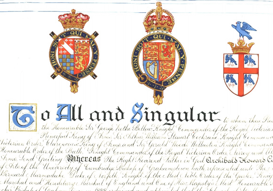 uittreksel van �n wapendiploma van die College of Arms, wat die wapens aantoon van die hertog van Norfolk, die Britse Koningin, en die College self