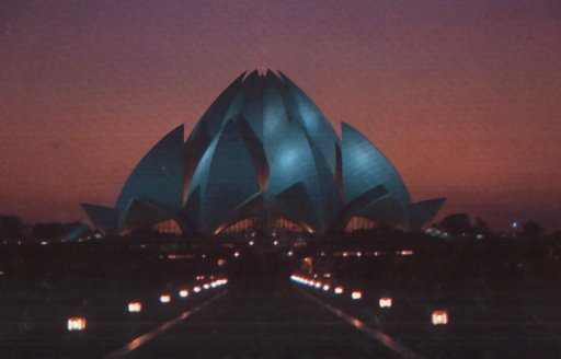 [The Bahai' House of Worship lit up at night]