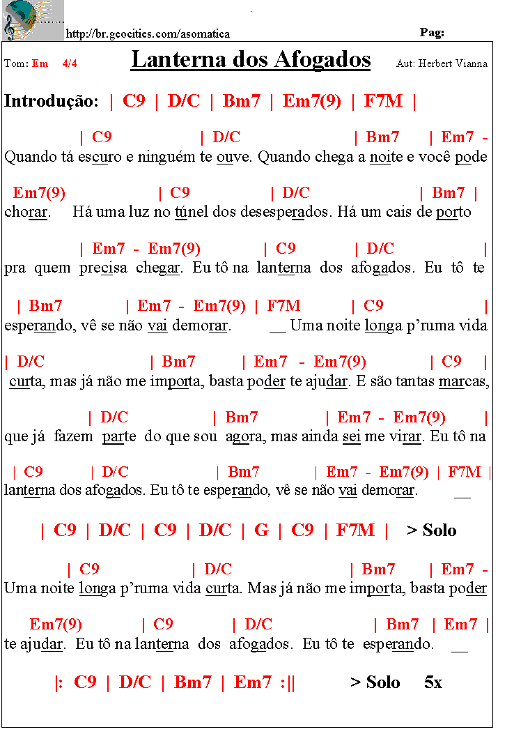 Letra Da Musica Lanterna Dos Afogados