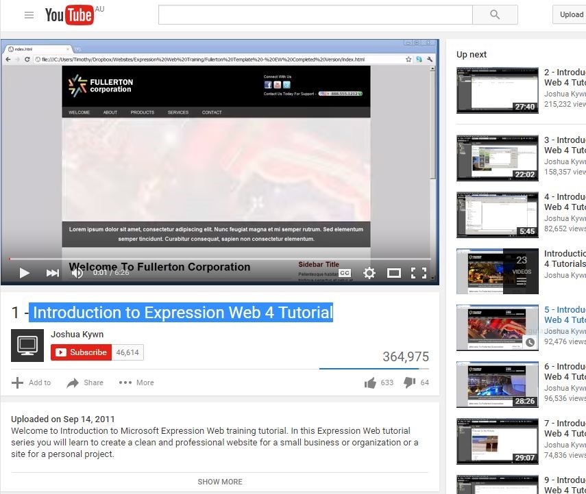 Screenshot of YouTube -  Introduction to Expression Web 4 Tutorial