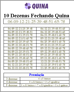 26 Jogos da Quina - 10 Dezenas Fechadas