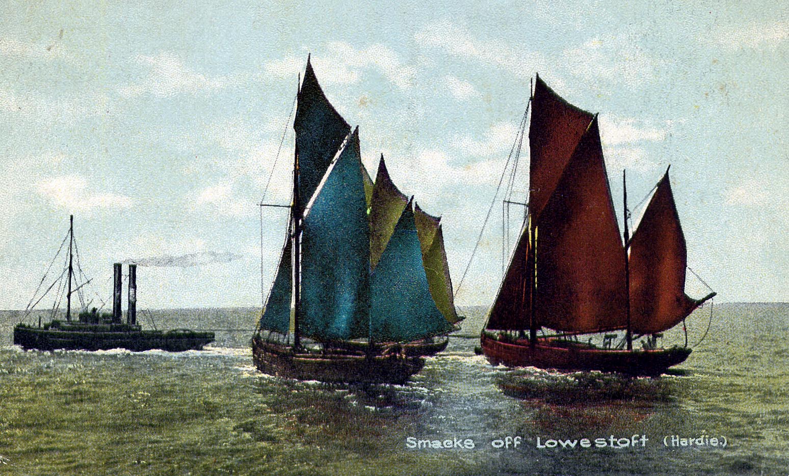 Postcard showing Smacks off Lowestoft towed by steamer