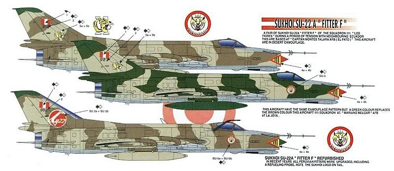 Impresi�n art�stica que muestra a los Sukhoi 22A Fitter-F peruanos con sus esquemas t�cticos en color mim�tico
