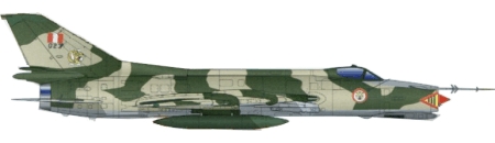 Sukhoi Su-22A Fitter F peruano con su esquema t�ctico en colores verde y arena. Obs�rvese la insignia del Escuadr�n A�reo de Elite N� 111 al costado de la cabina del piloto.