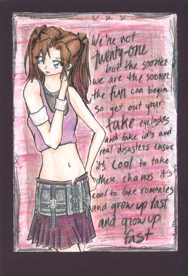 This pose was inspired by a CardCaptorSakura wallpaper o-0. After I did the sketch it just seemed to scream the lyrics of&nbsp; "Swiss Army Romance" by Dashboard Confessional.
