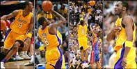 Lakers' Kobe Bryant turns, shoots over Detroit's Richard Hamilton and scores the trey to force overtime ...