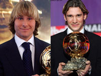 Nedved with the Balon D'Or trophy in 2003; Shevchenko with the Balon D'Or trophy this year.