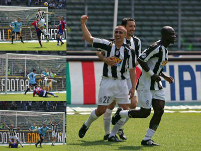 Cannavaro opens the scoring and celebrates with Zambrotta and Thuram