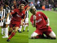 Hyypia scores Liverpool's first and celebrates