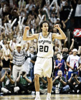 Ginobili celebrates after hitting a three to give San Antonio a 72-65 lead