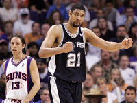 Duncan clenches his fists as regular season MVP Nash looks on