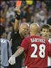 Italian referee Pierluigi Collina sends Barthez off and awards the penalty