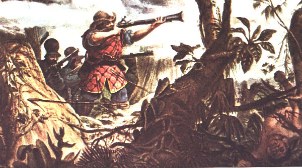 Soldados com armas de fogo contra �ndios armados de arcos e flechas.