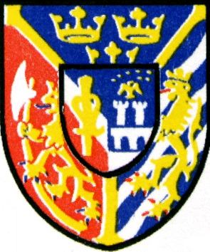 wapen van koning Carl XIV, met Kalmar in die skildhoof, Noorwee in die regterderde en Folkunga in in die linkerkant, met �n binneskild van Vasa met Bernadotte gedeel