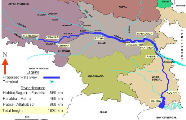 Map of India showing current and proposed waterways