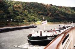 Barging on Inland Waterways - the Rhine cruiser Goethe escapes collision with an oncoming river barge. Photo Copyright Milson Macleod, 1998